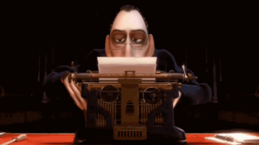 Anton Ego writing a positive review on a type writer