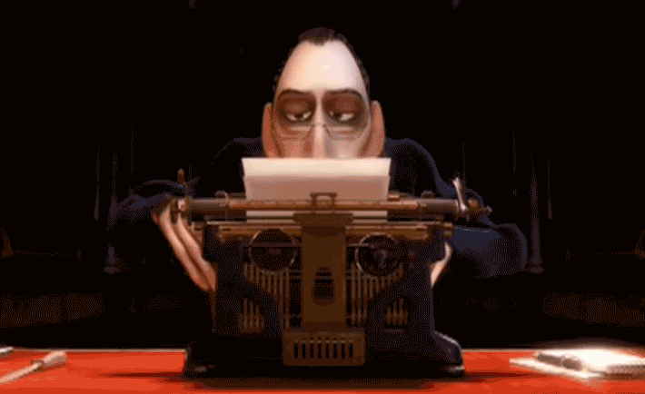 Anton Ego writing a positive review on a type writer