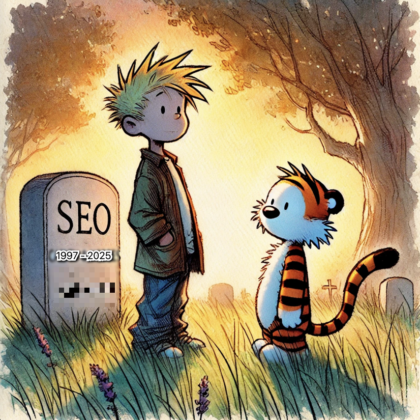 ChatGPT generated image of Calvin & Hobbes near an SEO gravestone, no thanks to Claude.