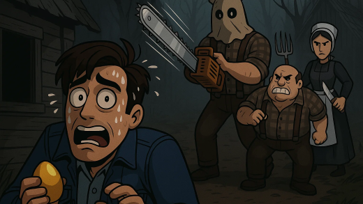 derek hobson as a cartoon, holding a golden egg while resident evil 4's recurring enemies surround him