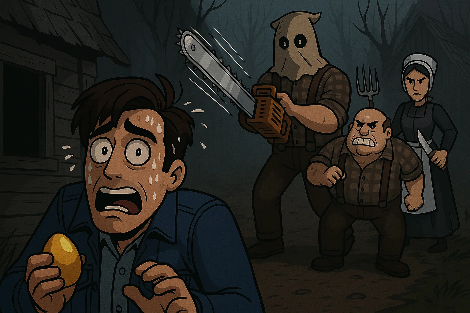 derek hobson as a cartoon, holding a golden egg while resident evil 4's recurring enemies surround him