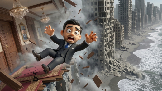 seo humorist avatar falling out of a hotel and into a sandy limbo city like the movie inception