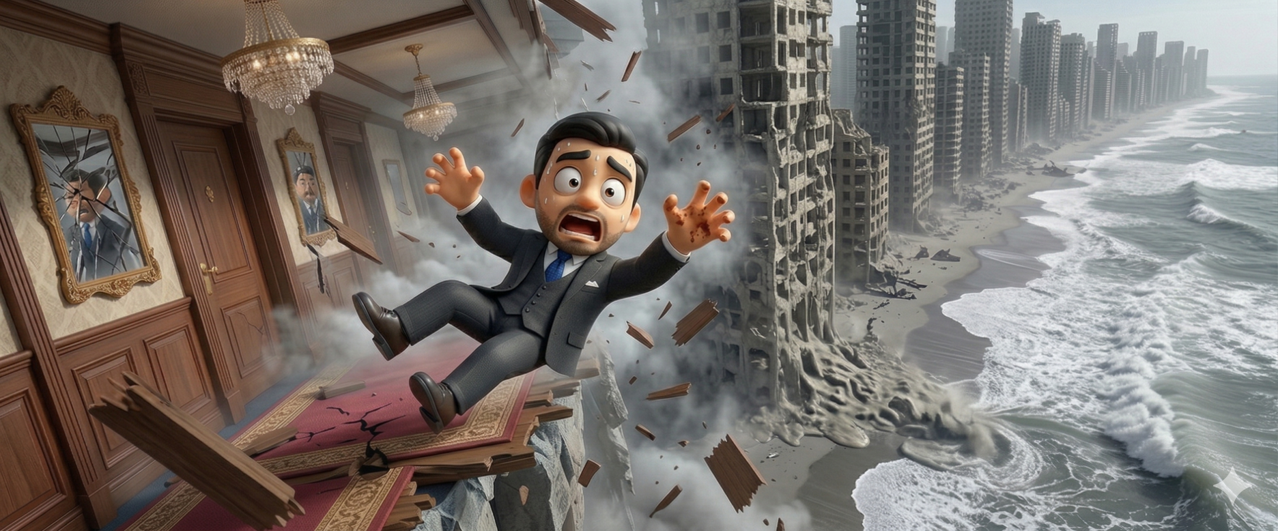seo humorist avatar falling out of a hotel and into a sandy limbo city like the movie inception