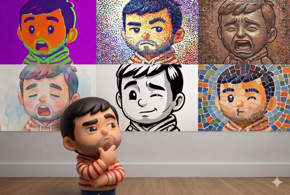 seo humorist looking at a mural of different art styles of himself